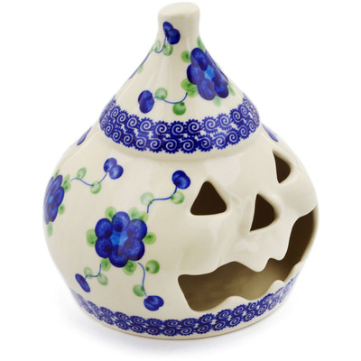 Polish Pottery Jack O Lantern Candle Holder 7&quot; Blue Poppies