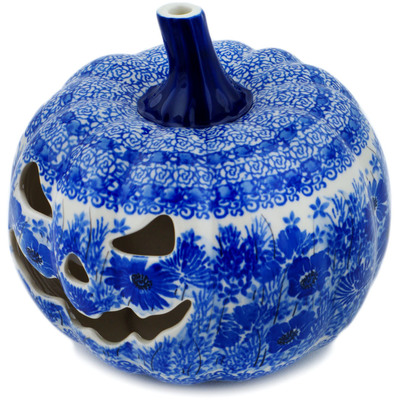 Polish Pottery Jack O Lantern Candle Holder 7&quot; Dreams In Blue UNIKAT