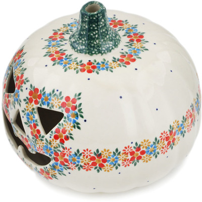 Polish Pottery Jack O Lantern Candle Holder 7&quot; Flowers In The Spring UNIKAT