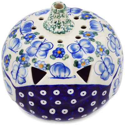 Polish Pottery Jack O Lantern Candle Holder 7&quot; Fluttering Blues UNIKAT