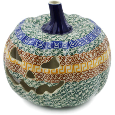 Polish Pottery Jack O Lantern Candle Holder 7&quot; Grecian Sea