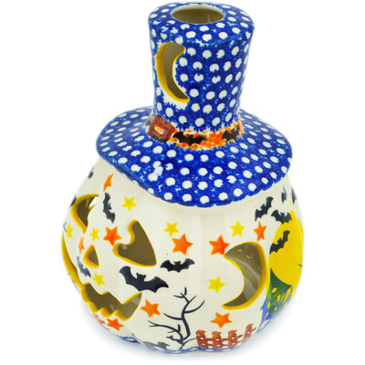 Polish Pottery Jack O Lantern Candle Holder 7&quot; Halloween Fiesta