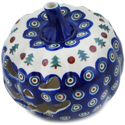 Polish Pottery Jack O Lantern Candle Holder 7&quot; Peacock Evergreen