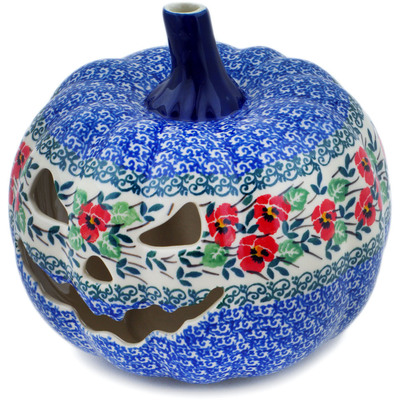 Polish Pottery Jack O Lantern Candle Holder 7&quot; Red Pansy