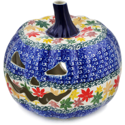 Polish Pottery Jack O Lantern Candle Holder 7&quot; Vibrant Fall UNIKAT