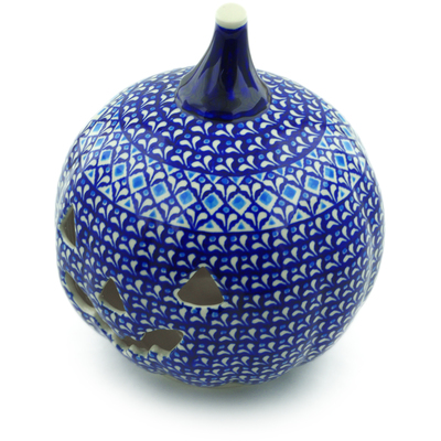 Polish Pottery Jack O Lantern Candle Holder 9&quot; Blue Diamond