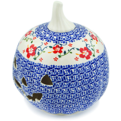 Polish Pottery Jack O Lantern Candle Holder 9&quot; Hibiscus Halo