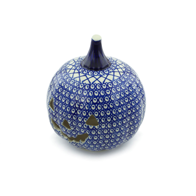Polish Pottery Jack O Lantern Candle Holder 9&quot; Lattice Peacock