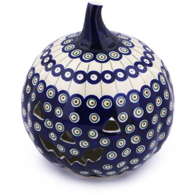 Polish Pottery Jack O Lantern Candle Holder 9&quot; Traditional Peacock