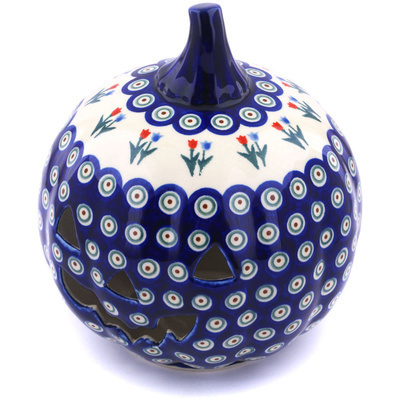 Polish Pottery Jack O Lantern Candle Holder 9&quot; Tulip Pair Peacock