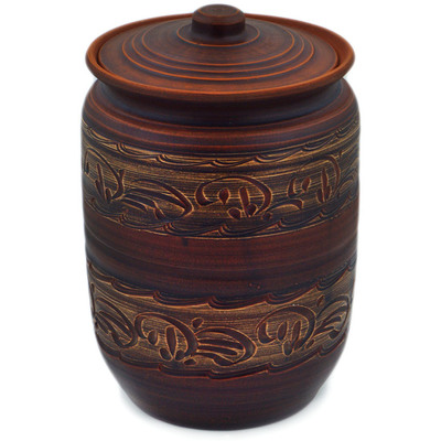Polish Pottery Jar with Lid 10&quot; Brown