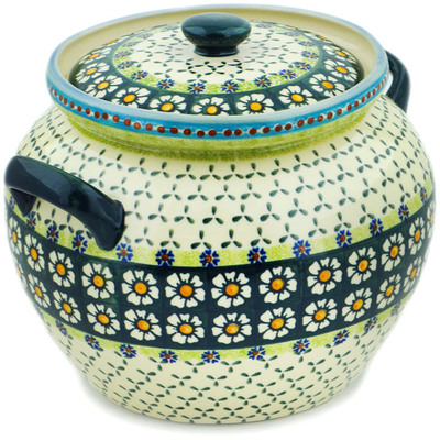 Polish Pottery Jar with Lid 11&quot; Green Daisy