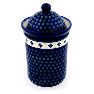 Polish Pottery Jar with Lid 11&quot; Green Gingham Peacock