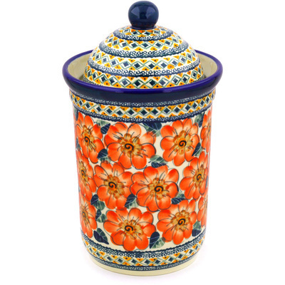 Polish Pottery Jar with Lid 11&quot; Peach Poppies UNIKAT