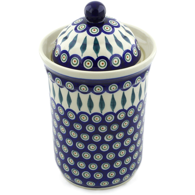 Polish Pottery Jar with Lid 11&quot; Peacock Leaves