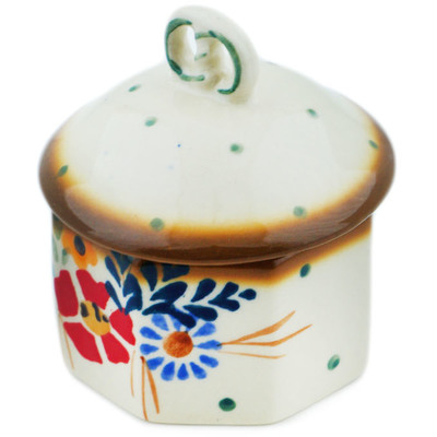 Polish Pottery Jar with Lid 3&quot; Rustic Field Flowers Red