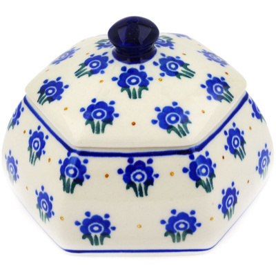 Polish Pottery Jar with Lid 4&quot; Blue Bouquet