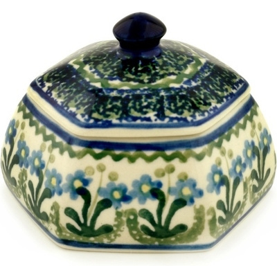 Polish Pottery Jar with Lid 4&quot; Blue Daisy Circle