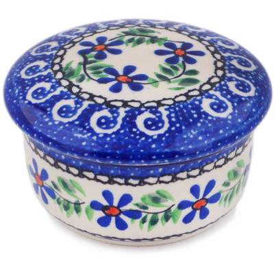 Polish Pottery Jar with Lid 4&quot; Blue Daisy Swirls