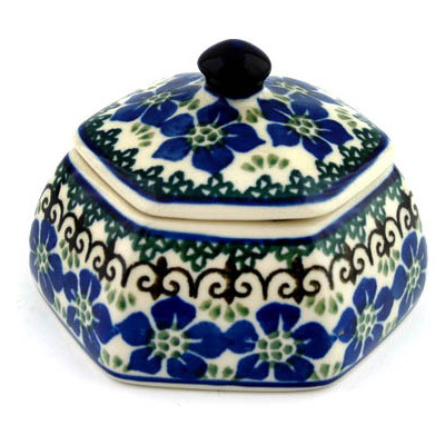 Polish Pottery Jar with Lid 4&quot; Blue Dogwood
