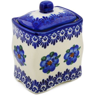 Polish Pottery Jar with Lid 4&quot; Blue Flower Halo UNIKAT