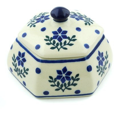 Polish Pottery Jar with Lid 4&quot; Blue Holly