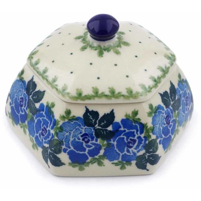 Polish Pottery Jar with Lid 4&quot; Blue Rose