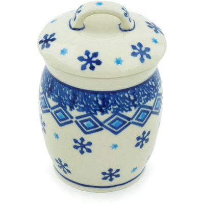 Polish Pottery Jar with Lid 4&quot; Blue Snowflake