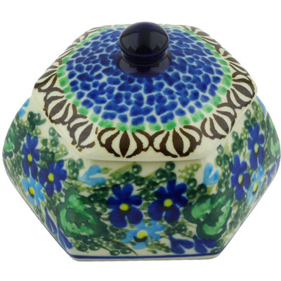 Polish Pottery Jar with Lid 4&quot; Blue Violet Garden UNIKAT