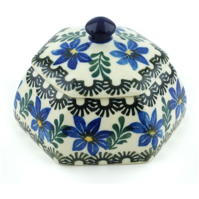 Polish Pottery Jar with Lid 4&quot; Blue Violets