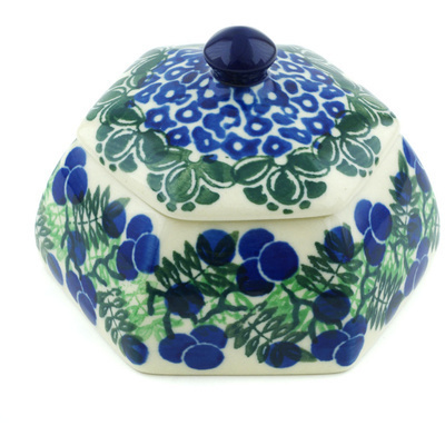 Polish Pottery Jar with Lid 4&quot; Blueberry Fields Forever