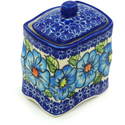 Polish Pottery Jar with Lid 4&quot; Bold Blue Poppies UNIKAT
