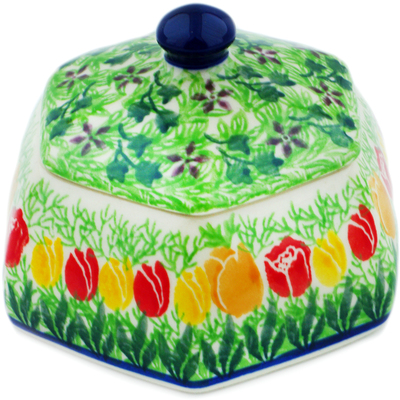 Polish Pottery Jar with Lid 4&quot; Crane In Tulip Splendor UNIKAT
