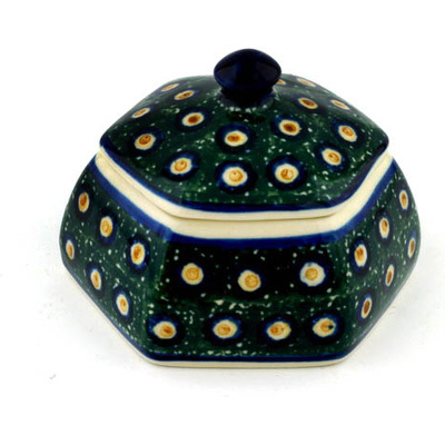 Polish Pottery Jar with Lid 4&quot; Emerald Peacock