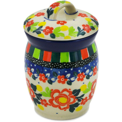 Polish Pottery Jar with Lid 4&quot; Floral Puzzles UNIKAT