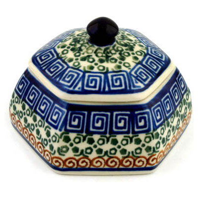 Polish Pottery Jar with Lid 4&quot; Grecian Sea