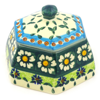 Polish Pottery Jar with Lid 4&quot; Green Daisy
