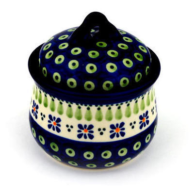 Polish Pottery Jar with Lid 4&quot; Green Gingham Peacock