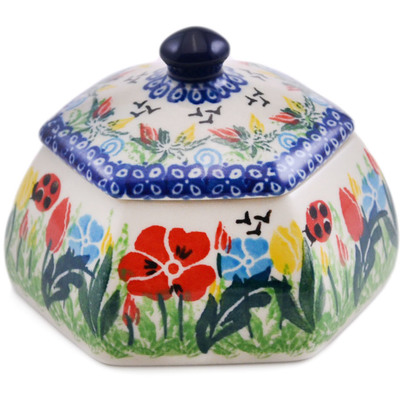 Polish Pottery Jar with Lid 4&quot; Lady Bug Meadow UNIKAT