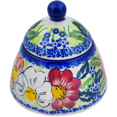 Polish Pottery Jar with Lid 4&quot; Maroon Blossoms