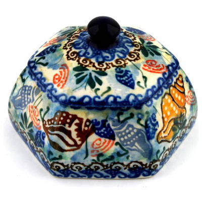 Polish Pottery Jar with Lid 4&quot; Ocean Whisper UNIKAT