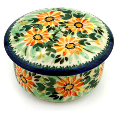 Polish Pottery Jar with Lid 4&quot; Orange Daisies UNIKAT