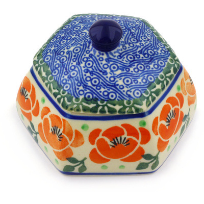 Polish Pottery Jar with Lid 4&quot; Orange Flower Wreath