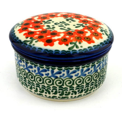 Polish Pottery Jar with Lid 4&quot; Orange Poppy Wreath