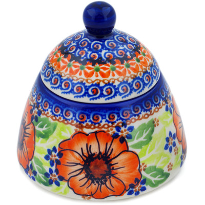 Polish Pottery Jar with Lid 4&quot; Orange Zinnia