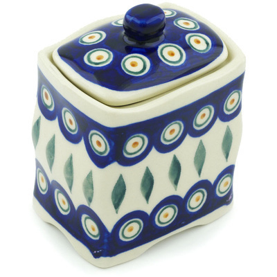 Polish Pottery Jar with Lid 4&quot; Peacock