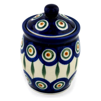 Polish Pottery Jar with Lid 4&quot; Peacock Leaves