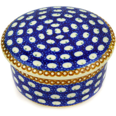 Polish Pottery Jar with Lid 4&quot; Peacock Rain