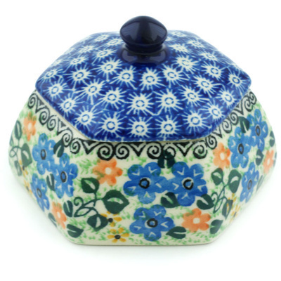 Polish Pottery Jar with Lid 4&quot; Periwinkle Blooms UNIKAT