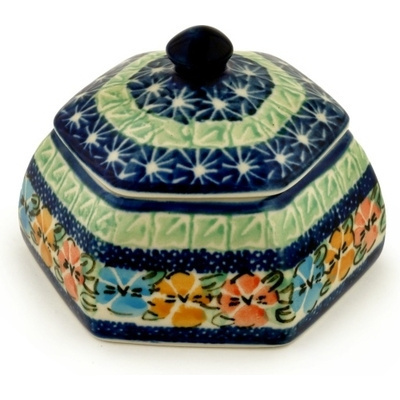 Polish Pottery Jar with Lid 4&quot; Primary Pansies UNIKAT